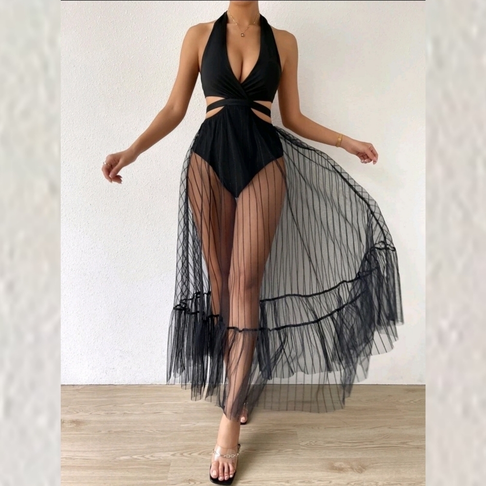 TIE BACKLESS MESH OVERLAY RUFFLE HEM HALTER DRESS WITH BODY SUIT - Picture 4 of 10